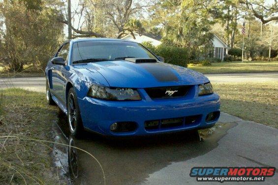 Blue Ford Mustang with black stripe on hood