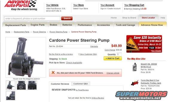 Cardone Power Steering Pump, part number 20-6244, shown on Advance Auto Parts website