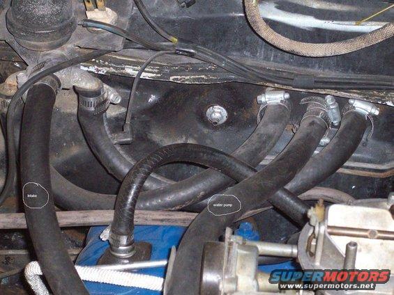 Engine bay with multiple black hoses connected by clamps, labeled 'intake' and 'water pump'