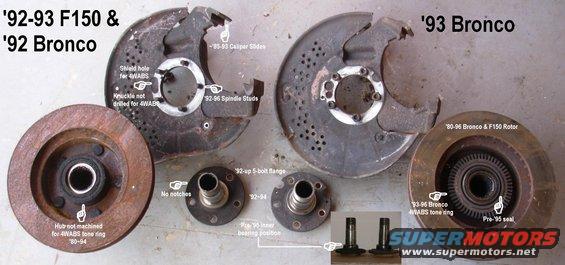 knuckledifferences93.jpg Differences in steering knuckles, spindles, & hubs.  Both sets shown are from '93 trucks.
IF THE IMAGE IS TOO SMALL, click it.

See also:
[url=http://www.supermotors.net/registry/media/728442][img]http://www.supermotors.net/getfile/728442/thumbnail/spindles8396.jpg[/img][/url] . [url=http://www.supermotors.net/registry/media/72348][img]http://www.supermotors.net/getfile/72348/thumbnail/d44ifs-hd.jpg[/img][/url] . [url=http://www.supermotors.net/registry/media/544471][img]http://www.supermotors.net/getfile/544471/thumbnail/d44ifs96tag.jpg[/img][/url] . [url=http://www.supermotors.net/registry/media/470473][img]http://www.supermotors.net/getfile/470473/thumbnail/tsb970628motoringtorque.jpg[/img][/url] . [url=http://www.supermotors.net/registry/media/255498][img]http://www.supermotors.net/getfile/255498/thumbnail/d44ifsusp.jpg[/img][/url] . [url=http://www.supermotors.net/registry/media/815977][img]http://www.supermotors.net/getfile/815977/thumbnail/hubparts-bj.jpg[/img][/url]

For more detailed info, read this Dana PDF:
http://www2.dana.com/pdf/X510-9.pdf

D44IFS Bills of Material (Dana Part Numbers): 

610062-1 Standard 3.00 80 1/2-ton 
610062-2 Standard 3.00 80 1/2-ton 
610062-3 Standard 3.50 80 1/2-ton 
610062-4 Standard 3.50 80 1/2-ton 
610062-5 Trac Lok 3.50 80 1/2-ton 
610062-6 Trac Lok 3.50 80 1/2-ton 
610062-7 Standard 3.00 80 1/2-ton 
610062-8 Standard 3.00 80 1/2-ton 
610062-9 Standard 3.50 80 1/2-ton 
610062-10 Standard 3.50 80 1/2-ton 
610062-11 Trac Lok 3.50 80 1/2-ton 
610062-12 Trac Lok 3.50 80 1/2-ton 
610062-13 Standard 3.00 80 1/2-ton 
610062-14 Standard 3.00 80 1/2-ton 
610062-15 Standard 3.50 80 1/2-ton 
610062-16 Standard 3.50 80 1/2-ton 
610062-17 Trac Lok 3.50 80 1/2-ton 
610062-18 Trac Lok 3.50 80 1/2-ton 
610062-19 Standard 3.00 80 1/2-ton 
610063-1 Standard 3.54 80 3/4-ton 
610063-2 Standard 3.54 80 3/4-ton 
610063-3 Trac Lok 3.54 80 3/4-ton 
610063-4 Trac Lok 3.54 80 3/4-ton 
610063-5 Standard 4.09 80 3/4-ton 
610063-6 Standard 3.54 80 3/4-ton 
610146-1 Standard 3.00 81 3/4 & 1-ton 
610146-2 Trac Lok 3.00 81 3/4 & 1-ton 
610146-3 Standard 3.54 81 3/4 & 1-ton 
610146-4 Trac Lok 3.54 81 3/4 & 1-ton 
610146-5 Standard 3.00 81 3/4 & 1-ton 
610146-6 Standard 3.54 81 3/4 & 1-ton 
610146-7 Standard 3.54 81 3/4 & 1-ton 
610146-8 Standard 4.09 81 3/4 & 1-ton 
610146-9 Trac Lok 3.54 81 3/4 & 1-ton 
610185-1 Standard 3.00 81 & 82 1/2-ton 
610185-2 Standard 3.00 81 & 82 1/2-ton 
610185-3 Standard 3.50 81 & 82 1/2-ton 
610185-4 Standard 3.50 81 & 82 1/2-ton 
610185-5 Trac Lok 3.50 81 & 82 1/2-ton 
610185-6 Trac Lok 3.50 81 & 82 1/2-ton 
610185-7 Standard 3.50 81 & 82 1/2-ton 
610185-8 Standard 3.00 81 & 82 1/2-ton 
610185-9 Standard 3.00 81 & 82 1/2-ton 
610185-10 Standard 3.50 81 & 82 1/2-ton 
610185-11 Standard 3.50 81 & 82 1/2-ton 
610185-12 Trac Lok 3.50 81 & 82 1/2-ton 
610185-13 Standard 3.50 81 & 82 1/2-ton 
610185-14 Standard 3.07 81 & 82 1/2-ton 
610185-15 Standard 3.07 81 & 82 1/2-ton 
610185-16 Trac Lok 3.54 81 & 82 1/2-ton 
610185-17 Standard 3.54 81 & 82 1/2-ton 
610185-18 Standard 3.54 81 & 82 1/2-ton 
610166-1 Standard 3.50 81.5 & 82 F150 SnowPlow 
610166-2 Standard 3.50 81.5 & 82 F150 SnowPlow 
610166-3 Trac Lok 3.00 81.5 & 82 F150 SnowPlow 
610168-1 Standard 3.00 83 1/2-ton 
610168-2 Standard 3.50 83 1/2-ton 
610168-3 Trac Lok 3.50 83 1/2-ton 
610168-4 Standard 3.00 83 1/2-ton 
610168-5 Standard 3.00 83 1/2-ton 
610168-6 Standard 3.50 83 1/2-ton 
610168-7 Standard 3.50 83 1/2-ton 
610168-8 Trac Lok 3.50 83 1/2-ton 
610168-9 Standard 3.07 83 1/2-ton 
610168-10 Standard 3.07 83 1/2-ton 
610168-11 Trac Lok 3.54 83 1/2-ton 
610168-12 Standard 3.54 83 1/2-ton 
610168-13 Standard 3.54 83 1/2-ton 
610167-2 Standard 3.50 83 F150 SnowPlow 
610167-4 Standard 3.54 83 F150 SnowPlow 
610169-1 Standard 3.00 83 3/4 & 1-ton 
610169-2 Standard 3.54 83 3/4 & 1-ton 
610169-3 Standard 3.00 83 3/4 & 1-ton 
610169-4 Standard 3.54 83 3/4 & 1-ton 
610169-5 Standard 3.54 83 3/4 & 1-ton 
610169-6 Standard 4.09 83 3/4 & 1-ton 
610169-7 Trac Lok 3.54 83 3/4 & 1-ton 
610178-1 Standard 3.07 84 1/2-ton 
610178-2 Standard 3.07 84 1/2-ton 
610178-3 Trac Lok 3.54 84 1/2-ton 
610178-4 Standard 3.54 84 1/2-ton 
610178-5 Standard 3.54 84 1/2-ton 
610178-9 Standard 3.07 84 1/2-ton 
610178-10 Standard 3.07 84 1/2-ton 
610178-11 Trac Lok 3.54 84 1/2-ton 
610178-12 Trac Lok 3.54 84 1/2-ton 
610178-13 Trac Lok 3.54 84 1/2-ton 
610177-1 Standard 3.54 84 F150 SnowPlow 
610177-4 Standard 3.54 84 F150 SnowPlow 
610179-1 Standard 3.54 84 3/4 & 1-ton 
610179-2 Standard 3.54 84 3/4 & 1-ton 
610179-3 Standard 3.54 84 3/4 & 1-ton 
610179-4 Standard 3.54 84 3/4 & 1-ton 
610179-5 Standard 3.54 84 3/4 & 1-ton 
610179-6 Standard 4.09 84 3/4 & 1-ton 
610179-7 Trac Lok 3.54 84 3/4 & 1-ton 
610179-8 Trac Lok 3.54 84 3/4 & 1-ton 
610198-1 Standard 3.07 84.5 & 85 1/2-ton 
610198-2 Standard 3.07 84.5 & 85 1/2-ton 
610198-3 Trac Lok 3.54 84.5 & 85 1/2-ton 
610198-4 Standard 3.54 84.5 & 85 1/2-ton 
610198-5 Standard 3.54 84.5 & 85 1/2-ton 
610198-9 Standard 3.07 84.5 & 85 1/2-ton 
610198-10 Standard 3.07 84.5 & 85 1/2-ton 
610198-11 Trac Lok 3.54 84.5 & 85 1/2-ton 
610198-12 Standard 3.54 84.5 & 85 1/2-ton 
610198-13 Standard 3.54 84.5 & 85 1/2-ton 
610198-14 Standard 3.50 84.5 & 85 1/2-ton 
610198-15 Standard 3.50 84.5 & 85 1/2-ton 
610198-16 Trac Lok 3.50 84.5 & 85 1/2-ton 
610198-17 Standard 4.09 84.5 & 85 1/2-ton 
610198-18 Trac Lok 4.09 84.5 & 85 1/2-ton 
610197-1 Standard 3.54 84.5 & 85 F150 SnowPlow 
610197-4 Standard 3.54 84.5 & 85 F150 SnowPlow 
610197-5 Standard 3.50 84.5 & 85 F150 SnowPlow 
610199-1 Standard 3.54 84.5 & 85 3/4-ton 
610199-2 Standard 3.54 84.5 & 85 3/4-ton 
610199-3 Standard 3.54 84.5 & 85 3/4-ton 
610199-4 Standard 3.54 84.5 & 85 3/4-ton 
610199-5 Standard 3.54 84.5 & 85 3/4-ton 
610199-6 Standard 4.09 84.5 & 85 3/4-ton 
610199-7 Trac Lok 3.54 84.5 & 85 3/4-ton 
610199-8 Standard 4.09 84.5 & 85 3/4-ton 
610199-9 Trac Lok 4.09 84.5 & 85 3/4-ton 
610199-10 Trac Lok 4.09 84.5 & 85 3/4-ton 
610229-1 Standard 3.54 85 3/4-ton 
610229-2 Standard 3.54 85 3/4-ton 
610229-3 Standard 3.54 85 3/4-ton 
610229-4 Trac Lok 3.54 85 3/4-ton 
610229-5 Standard 4.09 85 3/4-ton 
610229-6 Trac Lok 4.09 85 3/4-ton 
610231-1 Standard 3.54 85 3/4 & 1-ton 
610231-2 Standard 3.54 85 3/4 & 1-ton 
610231-3 Standard 4.09 85 3/4 & 1-ton 
610231-4 Trac Lok 3.54 85 3/4 & 1-ton 
610231-5 Standard 4.09 85 3/4 & 1-ton 
610231-6 Trac Lok 4.09 85 3/4 & 1-ton 
610241-1 Standard 3.07 85.5 1/2-ton 
610241-2 Trac Lok 3.54 85.5 1/2-ton 
610241-3 Standard 3.54 85.5 1/2-ton 
610241-4 Standard 3.50 85.5 1/2-ton 
610241-5 Trac Lok 3.50 85.5 1/2-ton 
610241-6 Standard 4.09 85.5 1/2-ton 
610241-7 Trac Lok 4.09 85.5 1/2-ton 
610242-1 Standard 3.54 85.5 F150 SnowPlow 
610242-2 Standard 3.50 85.5 F150 SnowPlow 
610243-1 Standard 3.54 88.5 3/4-ton 
610243-2 Standard 3.54 88.5 3/4-ton 
610243-3 Standard 4.09 88.5 3/4-ton 
610243-4 Trac Lok 3.54 88.5 3/4-ton 
610243-5 Standard 4.09 88.5 3/4-ton 
610243-6 Trac Lok 4.09 88.5 3/4-ton 
610261-1 Standard 3.07 86 1/2-ton 
610261-2 Standard 3.54 86 1/2-ton 
610261-3 Standard 3.50 86 1/2-ton 
610262-1 Standard 3.07 86 1/2-ton 
610262-2 Trac Lok 3.54 86 1/2-ton 
610262-3 Standard 3.54 86 1/2-ton 
610262-4 Standard 3.50 86 1/2-ton 
610262-5 Trac Lok 3.50 86 1/2-ton 
610262-6 Standard 4.09 86 1/2-ton 
610262-7 Trac Lok 4.09 86 1/2-ton 
610263-1 Standard 3.54 86 F150 SnowPlow 
610263-2 Standard 3.50 86 F150 SnowPlow 
610264-1 Standard 3.54 86 & 87 3/4-ton 
610264-2 Standard 3.54 86 & 87 3/4-ton 
610264-3 Standard 4.09 86 & 87 3/4-ton 
610264-4 Trac Lok 3.54 86 & 87 3/4-ton 
610264-5 Standard 4.09 86 & 87 3/4-ton 
610264-6 Trac Lok 4.09 86 & 87 3/4-ton 
610267-1 Standard 3.07 87 & 88 1/2-ton 
610267-2 Trac Lok 3.54 87 & 88 1/2-ton 
610267-3 Standard 3.54 87 & 88 1/2-ton 
610267-4 Standard 3.50 87 & 88 1/2-ton 
610267-6 Standard 4.09 87 & 88 1/2-ton 
610268-1 Standard 3.07 87 & 88 1/2-ton 
610268-2 Standard 3.54 87 & 88 1/2-ton 
610266-1 Standard 3.54 87 & 88 SnowPlow 
610266-2 Standard 3.50 87 & 88 SnowPlow 
610306-1 Standard 3.54 88 3/4-ton 
610306-2 Standard 4.09 88 3/4-ton 
610309-1 Standard 3.07 88.5 F150 SnowPlow 
610309-2 Trac Lok 3.54 88.5 F150 SnowPlow 
610309-3 Standard 3.54 88.5 F150 SnowPlow 
610309-4 Standard 4.09 88.5 F150 SnowPlow 
610311-1 Standard 3.54 88.5 - 91 1/2-ton 
610311-2 Standard 4.09 88.5 - 91 1/2-ton 
610310-1 Standard 3.07 88.5 - 92 1/2-ton 
610310-2 Standard 3.54 88.5 - 92 1/2-ton 
610335-1 Standard 3.07 88.5 - 92 1/2-ton 
610335-2 Trac Lok 3.54 88.5 - 92 1/2-ton 
610335-3 Standard 3.54 88.5 - 92 1/2-ton 
610335-4 Standard 4.09 88.5 - 92 1/2-ton 
610407-1 Standard 3.07 92.5 1/2-ton 
610407-3 Standard 3.54 92.5 1/2-ton 
610408-1 Standard 3.07 92.5 1/2-ton 
610408-3 Standard 3.54 92.5 1/2-ton 
610408-4 Standard 4.09 92.5 1/2-ton 
610408-6 Trac Lok 3.54 92.5 1/2-ton 
610408-7 Standard 3.07 92.5 1/2-ton 
610408-9 Standard 3.54 92.5 1/2-ton 
610411-1 Standard 3.07 93 & 93.5 Bronco 
610411-2 Trac Lok 3.54 93 & 93.5 Bronco 
610411-3 Standard 3.54 93 & 93.5 Bronco 
610411-4 Standard 4.09 93 & 93.5 Bronco 
610411-7 Standard 3.07 93 & 93.5 Bronco 
610411-8 Standard 3.54 93 & 93.5 Bronco 
610414-1 Standard 3.07 93 & 93.5 F150 
610414-3 Standard 3.54 93 & 93.5 F150 
610414-4 Standard 4.09 93 & 93.5 F150 
610414-6 Trac Lok 3.54 93 & 93.5 F150 
610414-7 Standard 3.07 93 & 93.5 F150 
610414-9 Standard 3.54 93 & 93.5 F150 
610443-3 Standard 3.54 94 - 96 Bronco 
610443-9 Standard 3.54 94 - 96 Bronco 
610447-3 Standard 3.54 94 - 96 Bronco 
610447-9 Standard 3.54 94 - 96 Bronco 
610447-10 Standard 3.54 94 - 96 Bronco 
610444-1 Standard 3.07 94 F150 
610444-2 Standard 3.31 94 F150 
610444-3 Standard 3.54 94 F150 
610444-4 Standard 4.09 94 F150 
610444-5 Trac Lok 3.31 94 F150 
610444-6 Trac Lok 3.54 94 F150 
610444-7 Standard 3.07 94 F150 
610444-8 Standard 3.31 94 F150 
610444-9 Standard 3.54 94 F150 
610446-1 Standard 3.07 95 & 96 F150 
610446-2 Standard 3.31 95 & 96 F150 
610446-3 Standard 3.54 95 & 96 F150 
610446-5 Trac Lok 3.31 95 & 96 F150 
610446-6 Trac Lok 3.54 95 & 96 F150 
610446-10 Standard 3.07 95 & 96 F150 
610446-11 Standard 3.31 95 & 96 F150 
610446-12 Standard 3.54 95 & 96 F150 
610608-1 Standard 3.54 96.5 Bronco 
610608-2 Standard 3.54 96.5 Bronco 
610607-1 Standard 3.07 96.5 F150 
610607-2 Standard 3.31 96.5 F150 
610607-3 Standard 3.54 96.5 F150 
610607-4 Standard 4.09 96.5 F150 
610607-5 Trac Lok 3.31 96.5 F150 
610607-6 Trac Lok 3.54 96.5 F150 
610607-7 Standard 3.07 96.5 F150 
610607-8 Standard 3.31 96.5 F150 
610607-9 Standard 3.54 96.5 F150