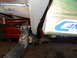 1997 Ford Ranger - Detail of vehicle suspension components and a sticker on a metal enclosure.