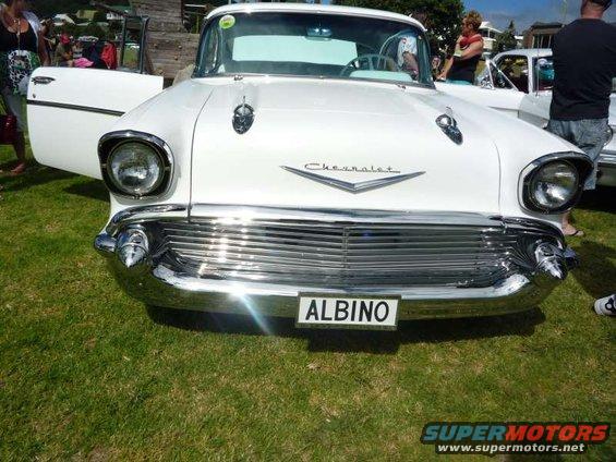 White 1957 Chevrolet Bel Air front view, "ALBINO" license plate