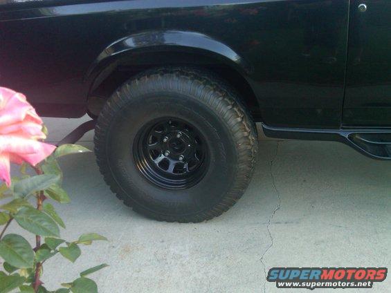 Black SUV's rear wheel and fender, with a pink rose bush in the foreground