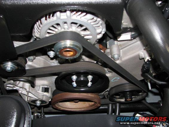 Engine belt system with alternator, pulleys, and serpentine belt