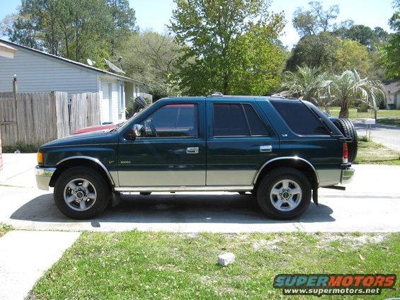1993 Isuzu Rodeo side view, green and tan two-tone paint, spare tire on rear door