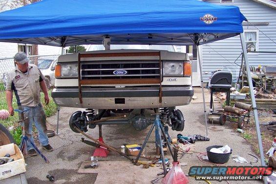 1989 Ford Bronco front end lifted for suspension work