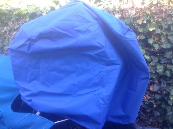 Blue tarp covers the front of a boat, with foliage in the background