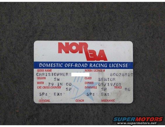 NORBA Domestic Off-Road Racing License with rider name Christopher and expiration date 05/19/01