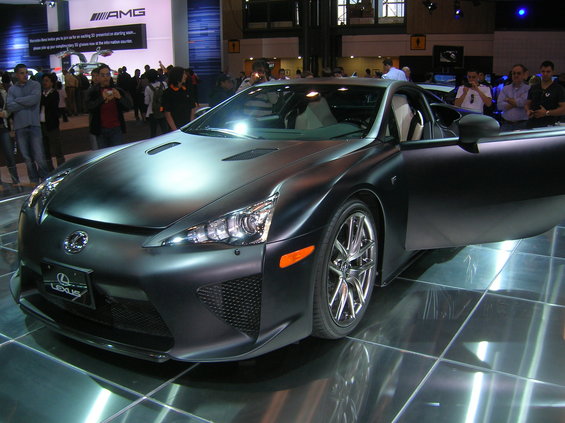 Black Lexus LFA, driver's door open, front 3/4 view