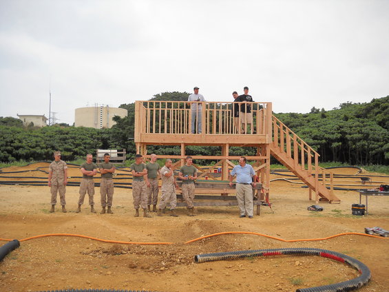 Remote control car track with observation deck and people