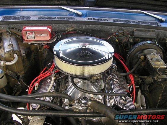 Engine bay of a 1979 Chevrolet C/K Pickup with chrome air cleaner and MSD ignition