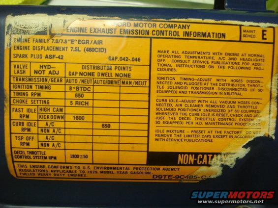 Engine emission sticker with details on timing, idle, and displacement. Mentions 1979 model year gasoline