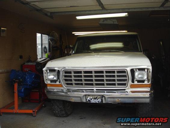 White 1979 Ford Bronco front view in garage with Kansas license plate
