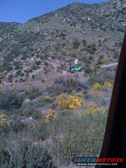Green pickup truck driving on a dirt road up a hill. Yellow wildflowers are blooming