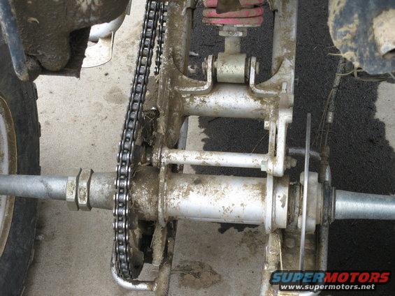 ATV rear axle and chain drive, covered in mud