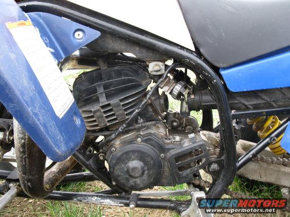 Blue plastic fender with a white sticker, black engine, and yellow shock absorber on an ATV