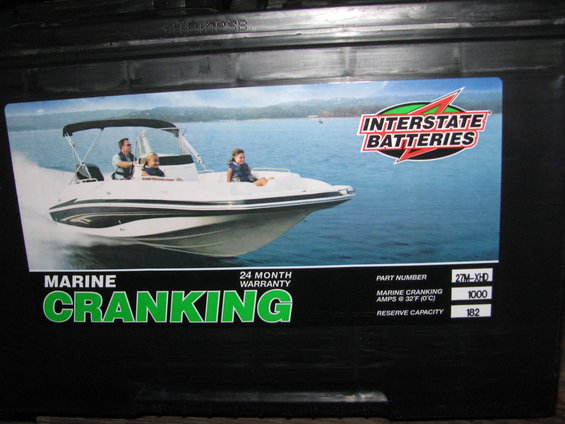 Interstate Batteries marine cranking battery label showing a boat on the water