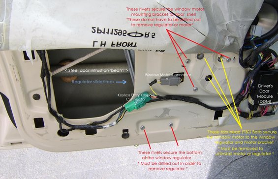 windowreglf.jpg An overview of what had to be removed / drilled out to remove the regulator. 

The window glass must also be removed, which can be done after first removing felt covered rubber inner molding. 

Door panel removal info can be found on my webpage;
http://www.crownvic.net/drock96marquis


Glass removal;
[url=http://www.supermotors.net/registry/media/794058][img]http://www.supermotors.net/getfile/794058/thumbnail/glassremoval.jpg[/img][/url]