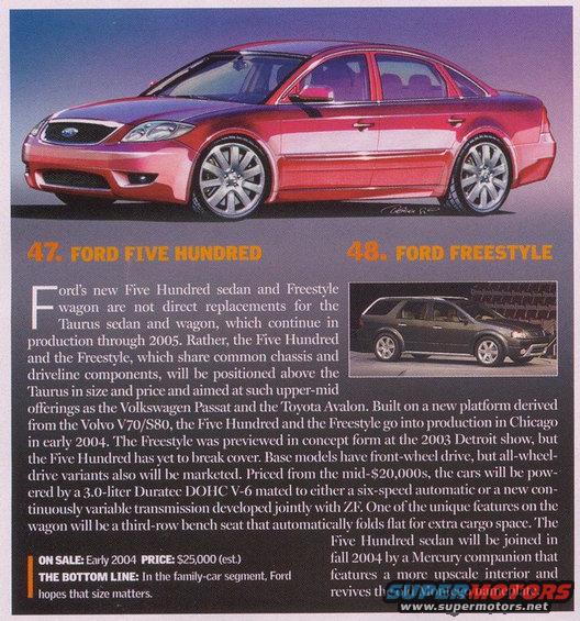 Red Ford Five Hundred sedan and dark Ford Freestyle wagon shown side-by-side with text