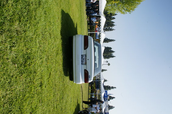 1992 Ford Taurus rear view, parked on grass with tents in background