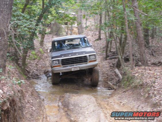 Ford F-Series truck driving through muddy water in a wooded area