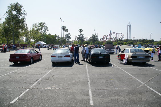 Four sedans parked in a lot, with a roller coaster visible behind them. The closest car on the left is red, followed by a white car, a black car, and a tan car