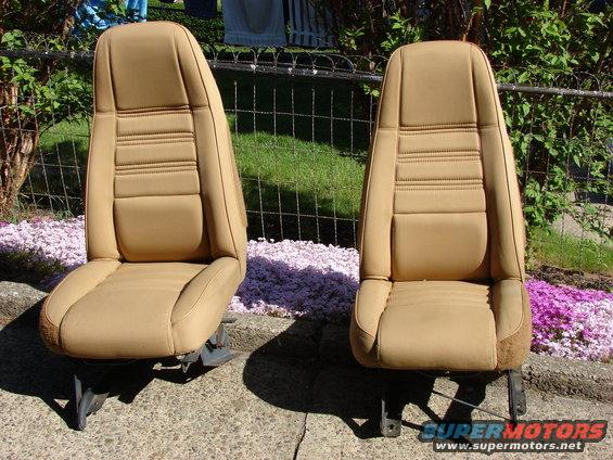 Two tan bucket seats with horizontal stitching detail