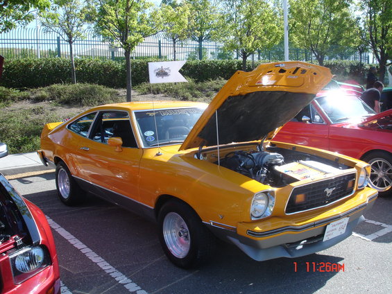 Yellow 1978 Ford Mustang II coupe with hood open, 3q-front view