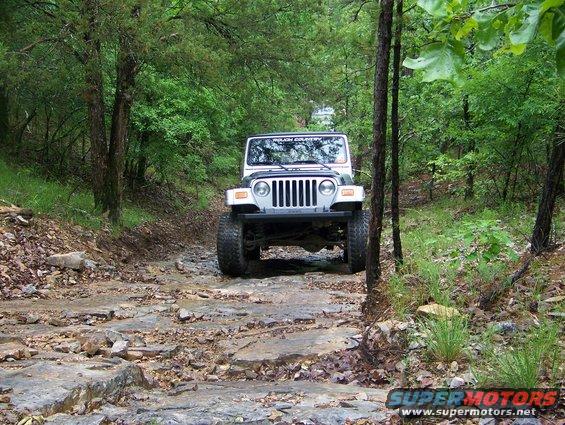 Jeep Wrangler driving on a rough, rocky path through a forest. 'ROUGH COUNTRY' visible on windshield