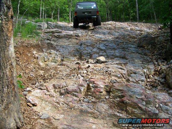 Dark green Jeep Cherokee on a rocky, wooded trail