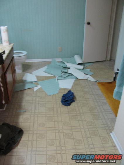 Bathroom floor with scattered wallpaper, toilet, and vanity