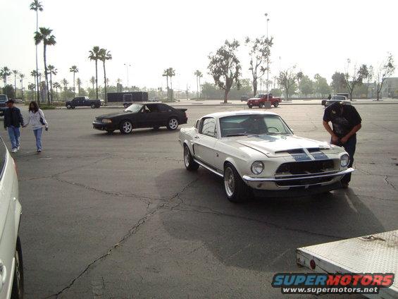 White 1967 Shelby GT500 with blue stripes, front view