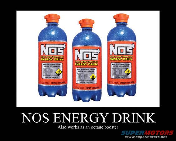 Three blue and orange NOS energy drink bottles. Text says "NOS ENERGY DRINK" and "Also works as an octane booster"