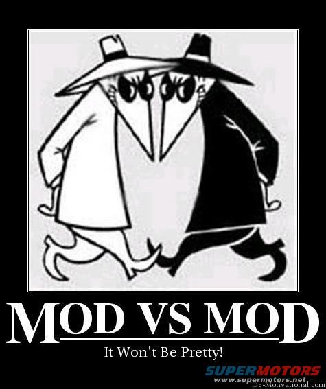 Spy vs Spy cartoon with text 'MOD VS MOD' and 'It Won't Be Pretty!'