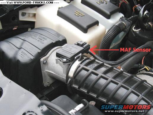 Engine air intake with MAF sensor labeled, black plastic components, and hoses