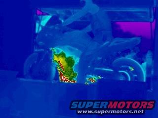 Thermal image of a motorcycle engine with hot spots highlighted