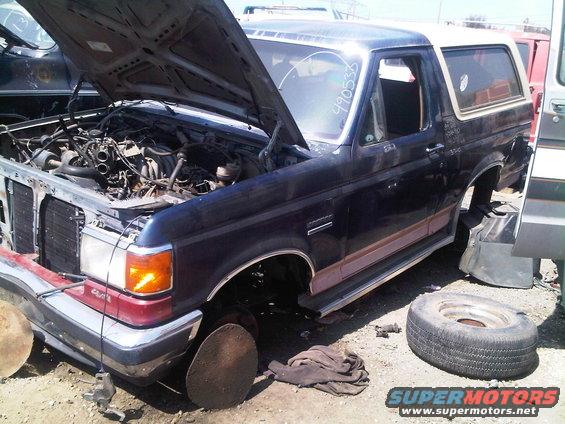 Dark blue Ford Bronco with hood open, missing wheels, in a junkyard
