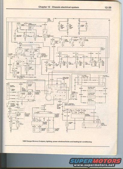 Diagram of 1989 Ranger/Bronco II chassis electrical system, showing wiring for wipers, lighting, power windows, locks, and HVAC