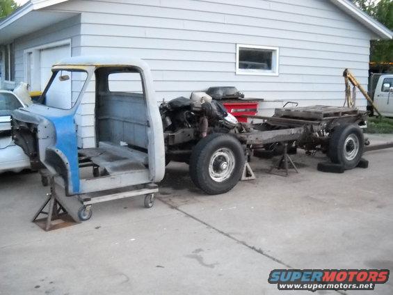 54-build--51810-014.jpg Well the city is on my case about having an non operating vehicle in my driveway so I need to get it out of sight for a while. I'm going to tear it down to the bare frame so I can pack away the separate parts in my garage. I'll pull out bits and pieces to work on when I get a chance.

Today I pulled the front clip and cab back off it. I'm going to start tearing down the chassis tomorrow.