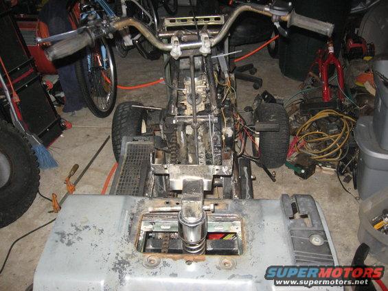 Lawn tractor frame and engine components, front view