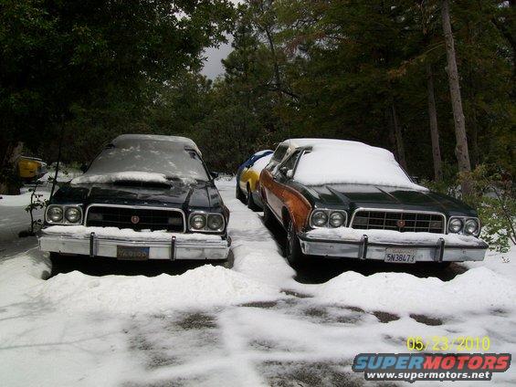 Two cars covered in snow, one black and one green with wood paneling