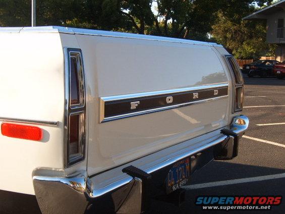 White 1973 Ford Ranchero rear with chrome bumper and tailgate lettering