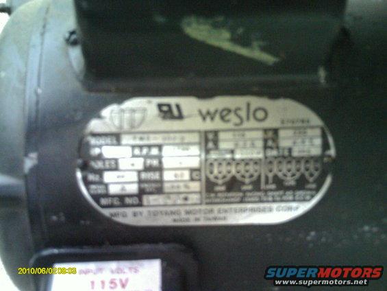 Close-up of a Weslo motor nameplate with wiring diagram