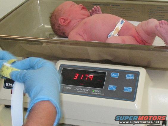 Newborn baby on a scale with a gloved hand holding a measuring tape. Digital display shows 3179