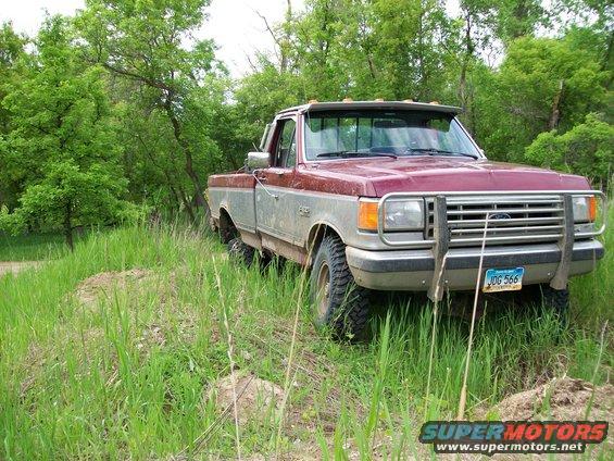 Maroon and silver Ford F-150 pickup truck with a chrome grille guard, parked in tall grass