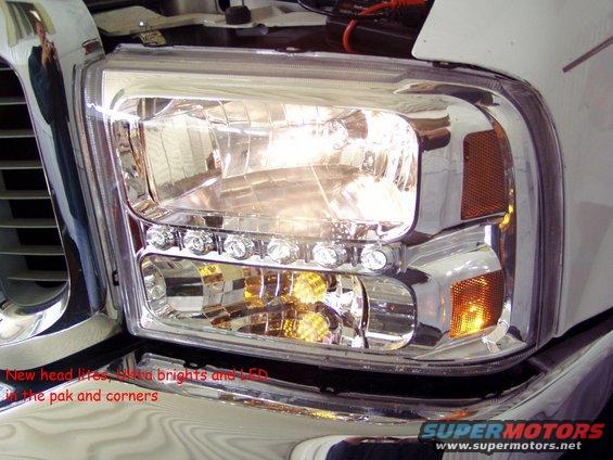Close-up of a truck's front headlight with new LED lights installed