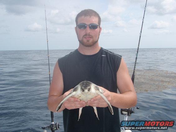 Man in black t-shirt and sunglasses holds a small turtle on a boat with fishing rods