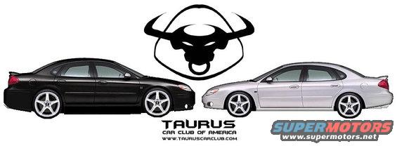 Black and silver Ford Taurus sedans side by side, with a Taurus Car Club of America logo above
