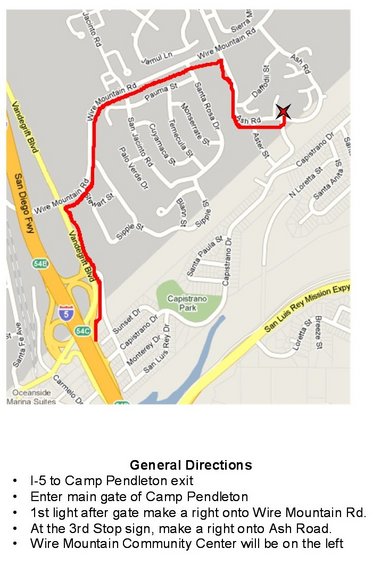Map showing route to Wire Mountain Community Center, with general directions listed below