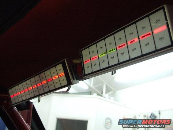 Custom switch panel with labels like 'HEAD LTS', 'TAIL LTS', 'DASH LTS', 'LINE LOCK', 'TRANS BK', 'COMPUTER'. Some lights are on